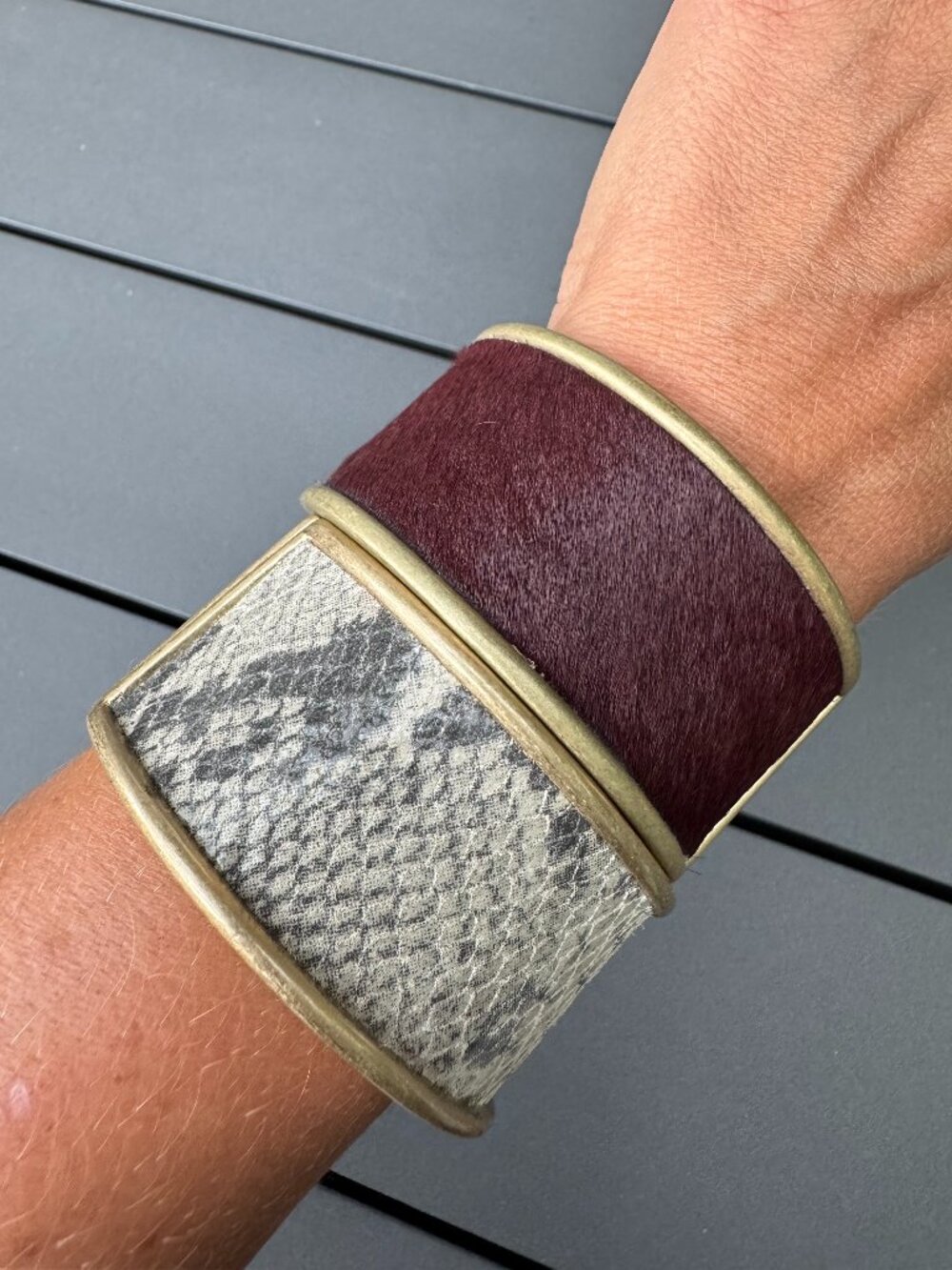 Boho Western Statement Cuff Bracelet Set Burgundy Hide Grey Snake Skin